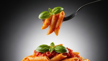 Penne Pasta with Tomato Sauce and Basil on Fork