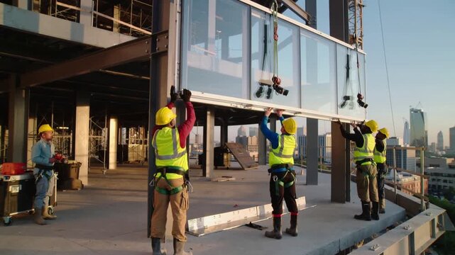 Construction workers installing glass facade on modern building, teamwork, safety gear, urban development, high-rise project

