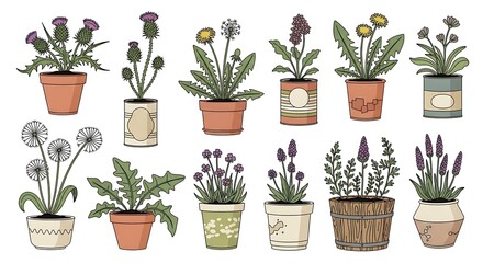 Obraz premium Illustration of Various Potted Plants and Flowers.