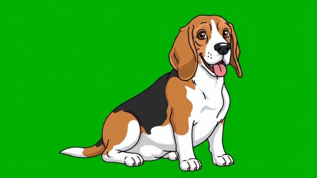 Animated Beagle Sitting Down On Solid Green Background With Detailed Fur and Ears