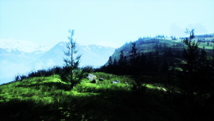 Green hills stretch into the distance, framed by majestic mountains. Gentle light casts a serene glow over the landscape, inviting a sense of peace and tranquility.