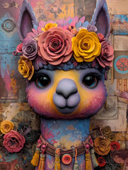 Obraz premium Portrait von einem Lama mit bunten Blüten auf dem Kopf - abstrakter Hintergrund