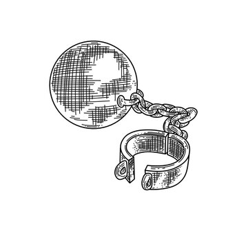 hand drawn vintage ball and chain shackle line art vector illustration