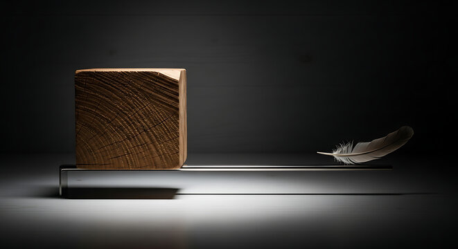Wooden cube and feather quill on metallic surface.