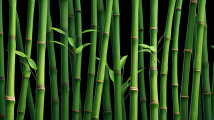 Fototapeta premium Green bamboo stalks and shoots on black background in nature