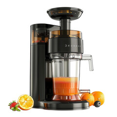 Juicer with fresh juice on isolated background