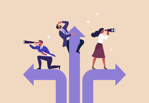 Business Direction Concept. Vector illustration of professionals choosing different paths and looking ahead with binoculars. Concept of strategy, leadership, decision making, vision and career growth.