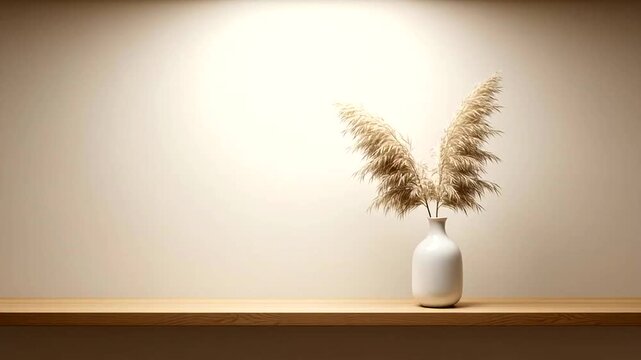 White Vase with Dried Plants on Table.