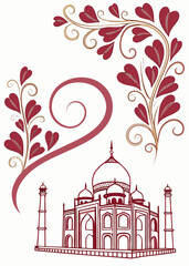 Stylized Taj Mahal with heart-shaped floral decorations, vector