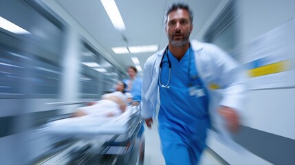 Blurred in motion, emergency room: medical team rushes patient in hospital corridor