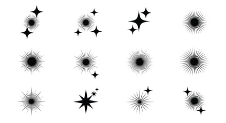 Collection of black starbursts and sparkling star shapes on white background