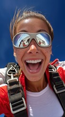Excited young caucasian female skydiver with reflections in sunglasses under clear blue sky