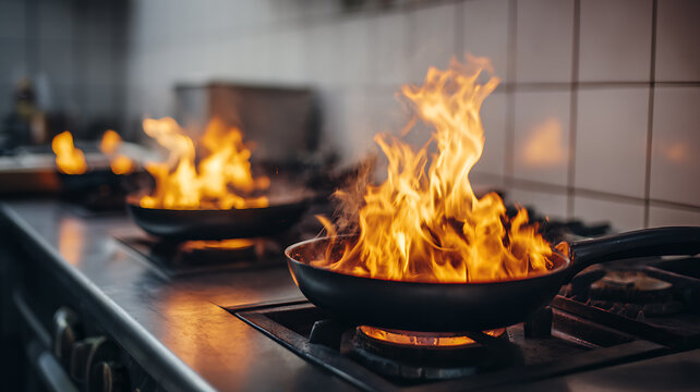 Flaming pans on gas stovetop in a commercial kitchen environment with white tiles