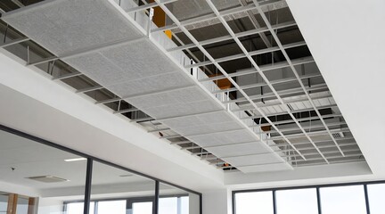 Fototapeta premium View of the ceiling grid and panels in a modern office space with large windows