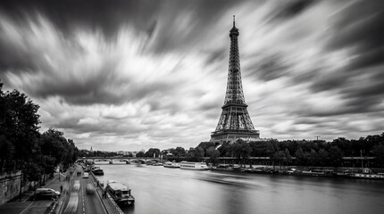 Black and white photograph of the Eiffel Tower in Paris with long exposure clouds over the Seine River, calm water, dramatic sky and timeless city atmosphere