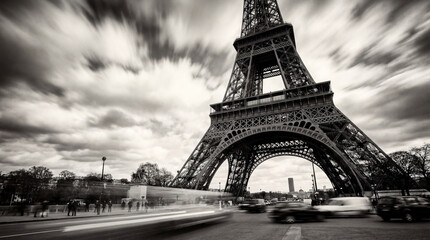 Dramatic black and white view of the Eiffel Tower in Paris with long exposure motion blur from passing cars, iconic landmark, urban city life and travel destination