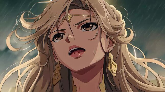 Animation of Powerful Anime Female Thunder Goddess Holding Lightning Bolt in Ancient Greek Mythology Sky