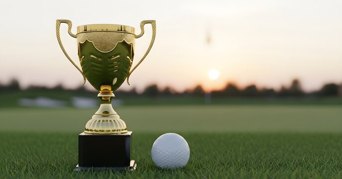 Gold Trophy with Golf Ball on Green Grass Against Setting Sun Background