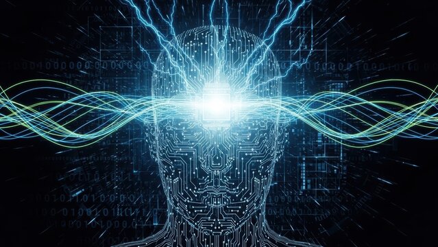 Digital human head with glowing brain circuits and binary code background
