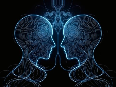 Illustrazione artistica di facce umane con rete energetica al neon