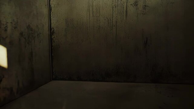 Sunlight streams through unseen window, projecting parallel bar shadows onto the textured interior wall and floor, evoking themes of confinement, hope, and abstract light