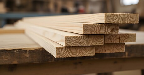 Lumber Pile on Work Bench Displaying End Grain and Wood Texture in Carpentry Shop