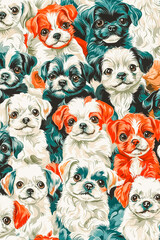 A vintage pattern of hundreds of adorable small puppies, retro decoration texture