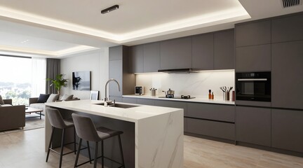 Fototapeta na wymiar Contemporary kitchen interior featuring gray cabinetry and a waterfall island