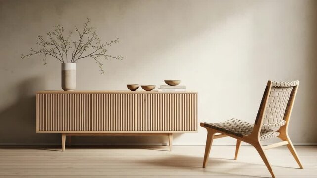 Modern living room interior with wooden chair and sideboard with vase and bowls on top, isolated on white background