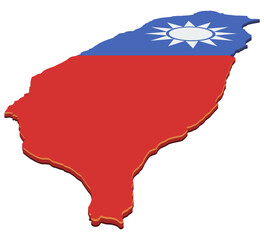 Map of Taiwan painted with the national flag colors. Perspective view of the country's borders. (cut out)