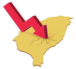 A red downward arrow crashing into a yellow map of Taiwan, creating cracks. Symbolizes economic crisis, recession, or market crash in the country (cut out)