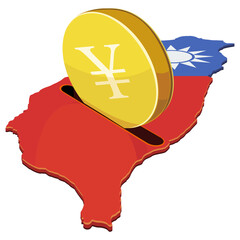 A large gold yen/yuan coin being inserted into a slot on a map of Taiwan with its national flag colors. Concept for investment, economy, or financial savings in Taiwan (cut out)