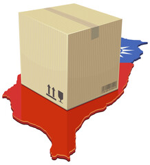 3D shipping parcel or cardboard box on a map of Taiwan with flag, representing logistics and e-commerce (cut out)
