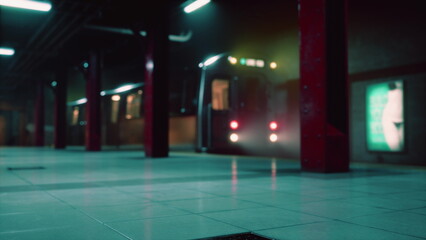 A quiet subway station at night features a train approaching the platform, casting shadows along the tiled floor. Dim lighting creates a moody atmosphere, and the platform is nearly deserted. © icetray