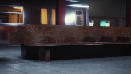 A wooden bench sits quietly on a subway platform, illuminated by soft lights. The empty surroundings create a calm atmosphere, inviting waiting travelers to sit and relax.