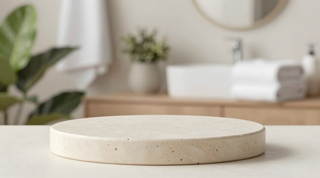 Round beige platform stands in a bright bathroom setting for product display