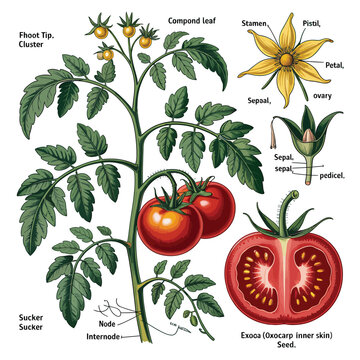 Detailed botanical illustration of a tomato plant with labeled parts