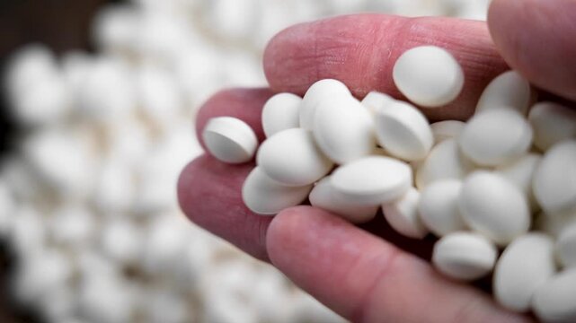 White vitamin pills cascading from a human hand onto a pile of tablets inside a wooden bowl in slow motion. Nutritional supplement concept