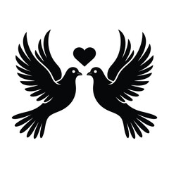 Obraz premium Two black doves face each other with a heart between their beaks