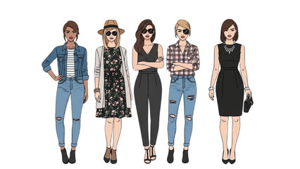 Fototapeta premium Illustration of diverse women in fashionable clothing standing together in a modern setting from a straightforward viewpoint