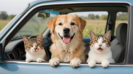 Adorable golden retriever and two cats joyfully peering out of a car window