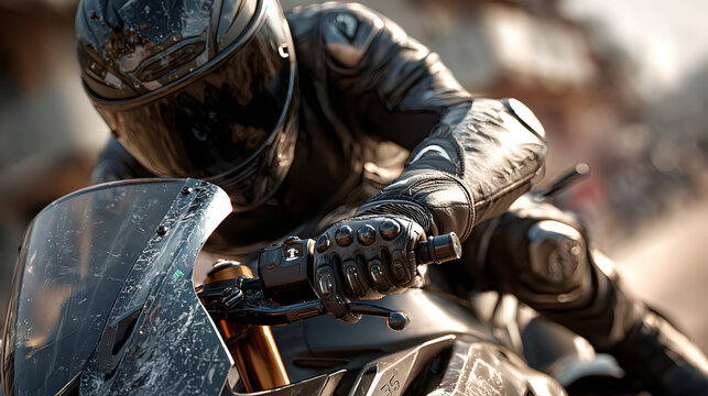 Motorcycle rider holding handlebars in a leather glove near a modern bike during daytime