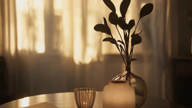 Round wooden table with book, glass, lamp and plant vase bathed in warm golden sunlight, casting soft shadows and creating a cozy, serene interior atmosphere for relaxation