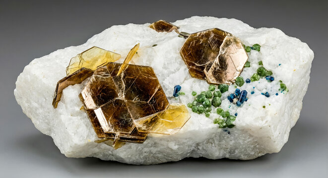 Coarse-crystalline brown phlogopite mica plates hosted within a white crystalline carbonate calcite mineral matrix.