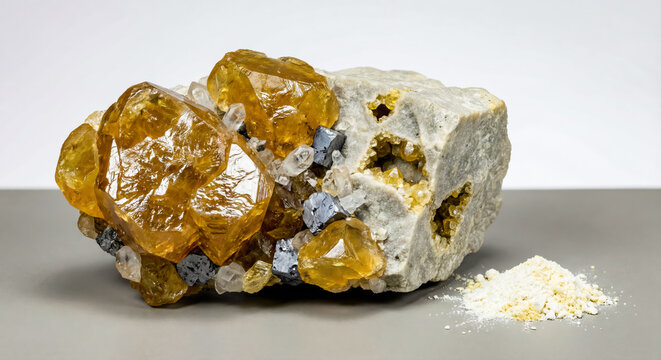 A collectible geological specimen of sphalerite crystals with yellow translucency and adamantine luster on matrix with galena.