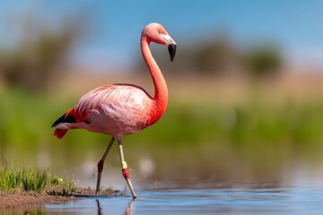 Fototapeta premium Elegant Flamingo Standing Motionless in Calm Shallow Water Under Blue Sky