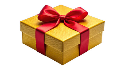 Obraz premium Golden square gift box with a red satin bow, isolated on black background