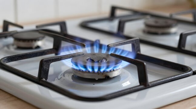 Close up of a lit gas stove burner on a white enamel cooktop
