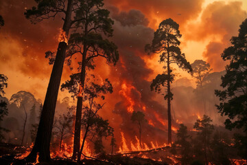 A forest fire is raging, with trees and smoke filling the sky. The fire is so intense that it is difficult to see the sky