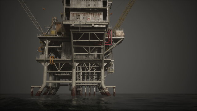 Majestic offshore oil rig stands tall above the waves, illuminated by fading twilight. Workers can be seen on the platform, emphasizing the scale of this industrial marvel in the vast sea.